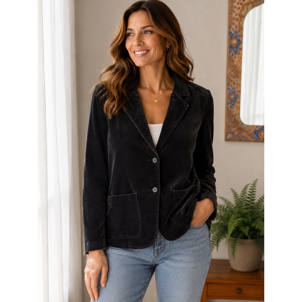 D2 Dickie Harris Black Velvet Blazer Two Button Patch Pocket Jacket L